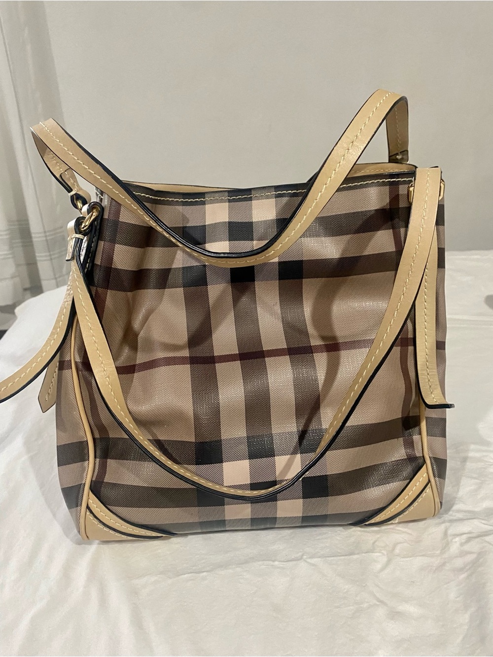 Burberry Beige Plaid Leather-Trim Shoulder Bag